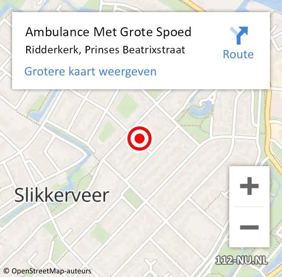 Locatie op kaart van de 112 melding: Ambulance Met Grote Spoed Naar Ridderkerk, Prinses Beatrixstraat op 10 juni 2023 11:19
