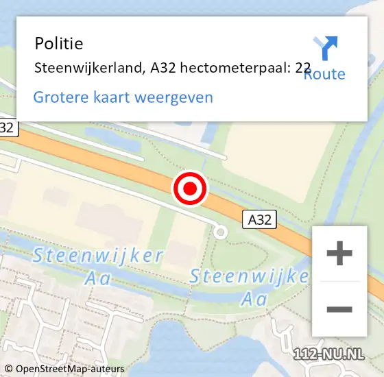Locatie op kaart van de 112 melding: Politie Steenwijkerland, A32 hectometerpaal: 22 op 10 juni 2023 17:22