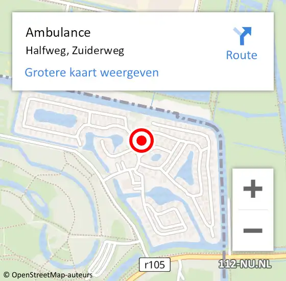 Locatie op kaart van de 112 melding: Ambulance Halfweg, Zuiderweg op 10 juni 2023 18:51