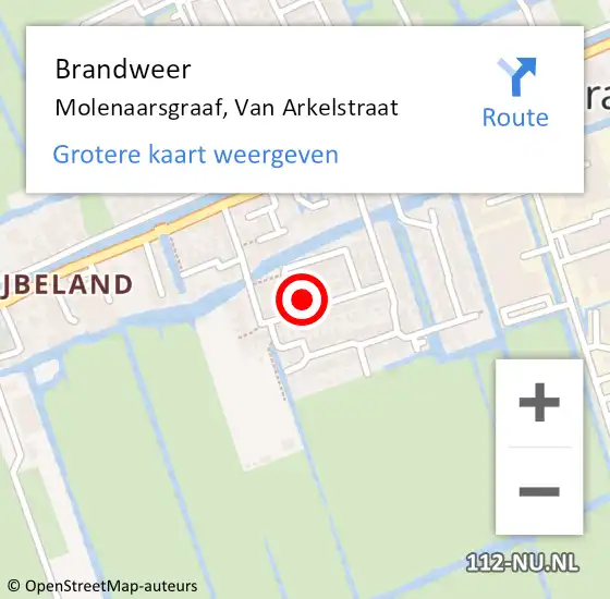 Locatie op kaart van de 112 melding: Brandweer Molenaarsgraaf, Van Arkelstraat op 12 juni 2023 09:08