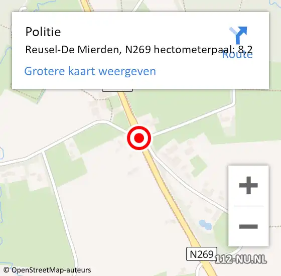 Locatie op kaart van de 112 melding: Politie Reusel-De Mierden, N269 hectometerpaal: 8,2 op 12 juni 2023 14:10