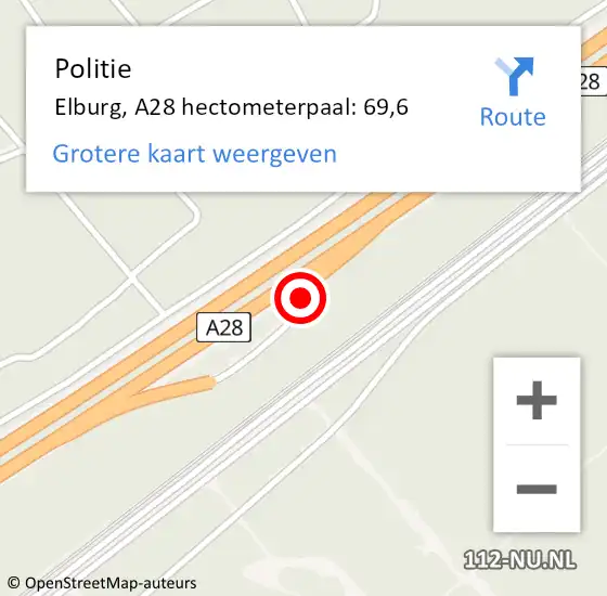 Locatie op kaart van de 112 melding: Politie Elburg, A28 hectometerpaal: 69,6 op 12 juni 2023 14:54