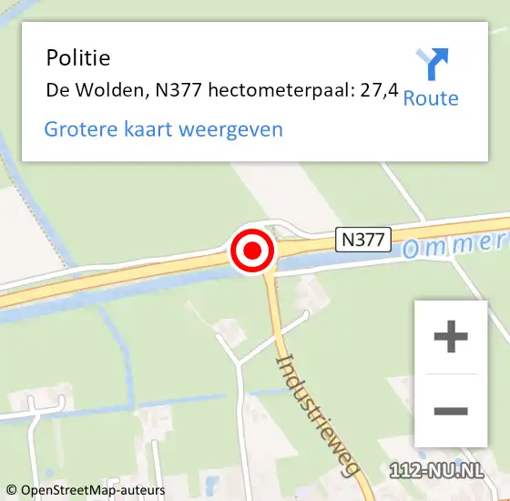 Locatie op kaart van de 112 melding: Politie De Wolden, N377 hectometerpaal: 27,4 op 13 juni 2023 08:20