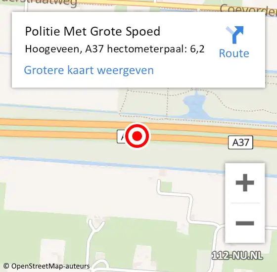 Locatie op kaart van de 112 melding: Politie Met Grote Spoed Naar Hoogeveen, A37 hectometerpaal: 6,2 op 13 juni 2023 11:57
