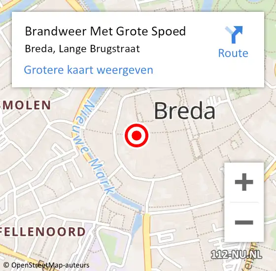 Locatie op kaart van de 112 melding: Brandweer Met Grote Spoed Naar Breda, Lange Brugstraat op 13 juni 2023 13:53