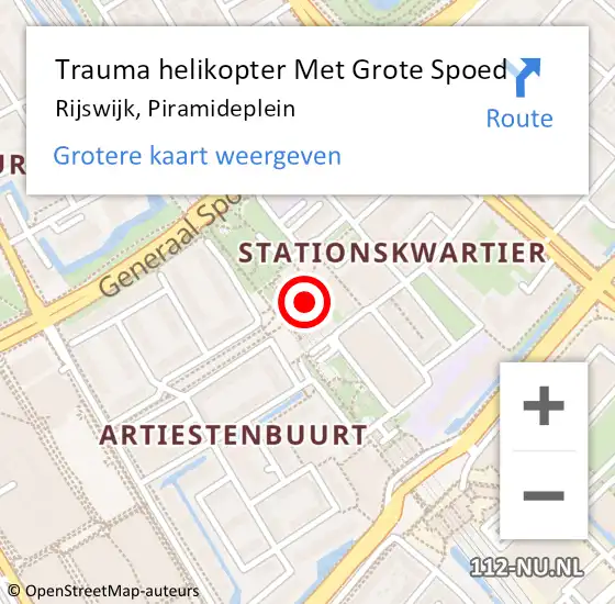 Locatie op kaart van de 112 melding: Trauma helikopter Met Grote Spoed Naar Rijswijk, Piramideplein op 13 juni 2023 14:28