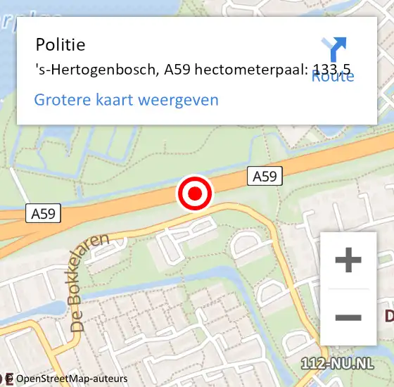 Locatie op kaart van de 112 melding: Politie 's-Hertogenbosch, A59 hectometerpaal: 133,5 op 13 juni 2023 16:18