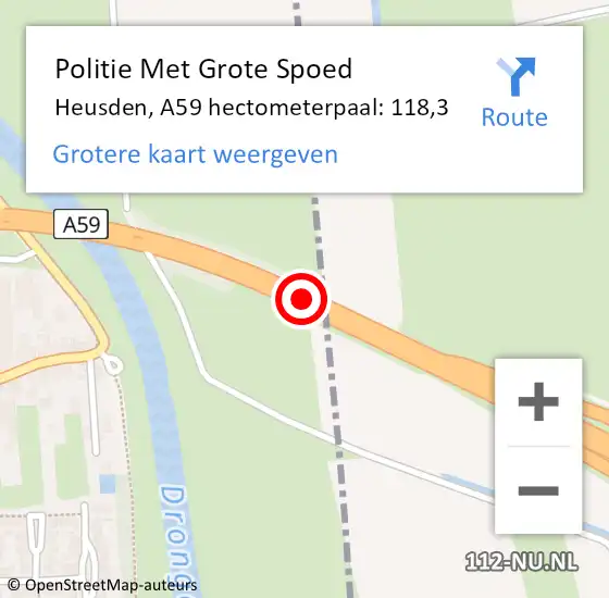 Locatie op kaart van de 112 melding: Politie Met Grote Spoed Naar Heusden, A59 hectometerpaal: 118,3 op 13 juni 2023 17:23