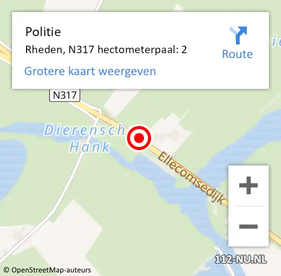Locatie op kaart van de 112 melding: Politie Rheden, N317 hectometerpaal: 2 op 14 juni 2023 08:09