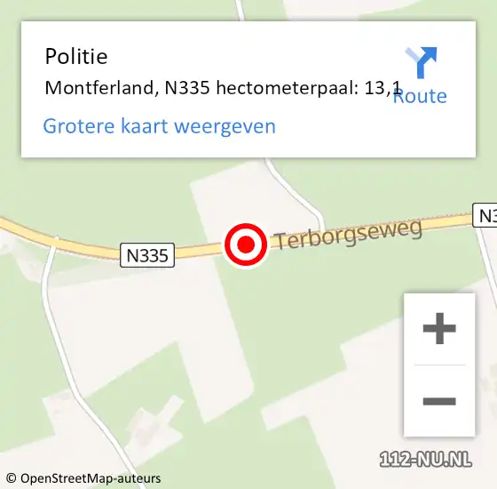 Locatie op kaart van de 112 melding: Politie Montferland, N335 hectometerpaal: 13,1 op 14 juni 2023 16:00