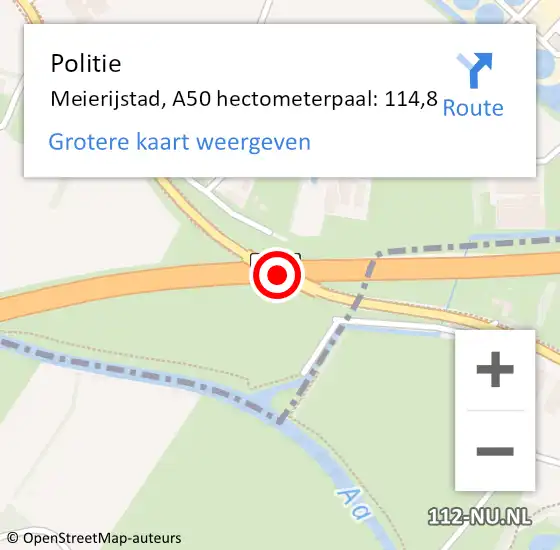 Locatie op kaart van de 112 melding: Politie Meierijstad, A50 hectometerpaal: 114,8 op 14 juni 2023 17:08