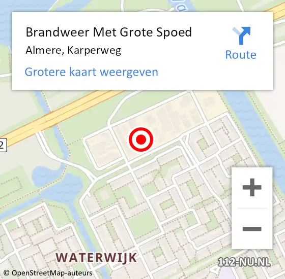 Locatie op kaart van de 112 melding: Brandweer Met Grote Spoed Naar Almere, Karperweg op 14 juni 2023 21:17