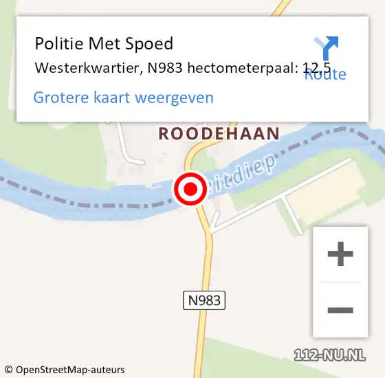 Locatie op kaart van de 112 melding: Politie Met Spoed Naar Westerkwartier, N983 hectometerpaal: 12,5 op 15 juni 2023 11:49