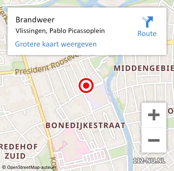 Locatie op kaart van de 112 melding: Brandweer Vlissingen, Pablo Picassoplein op 15 juni 2023 13:27