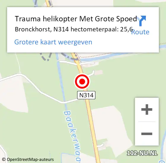Locatie op kaart van de 112 melding: Trauma helikopter Met Grote Spoed Naar Bronckhorst, N314 hectometerpaal: 25,6 op 15 juni 2023 16:29