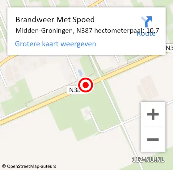 Locatie op kaart van de 112 melding: Brandweer Met Spoed Naar Midden-Groningen, N387 hectometerpaal: 10,7 op 15 juni 2023 23:08