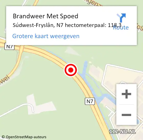 Locatie op kaart van de 112 melding: Brandweer Met Spoed Naar Súdwest-Fryslân, N7 hectometerpaal: 118,3 op 16 juni 2023 10:04