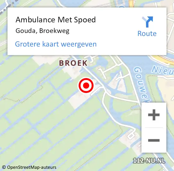 Locatie op kaart van de 112 melding: Ambulance Met Spoed Naar Gouda, Broekweg op 16 juni 2023 13:30