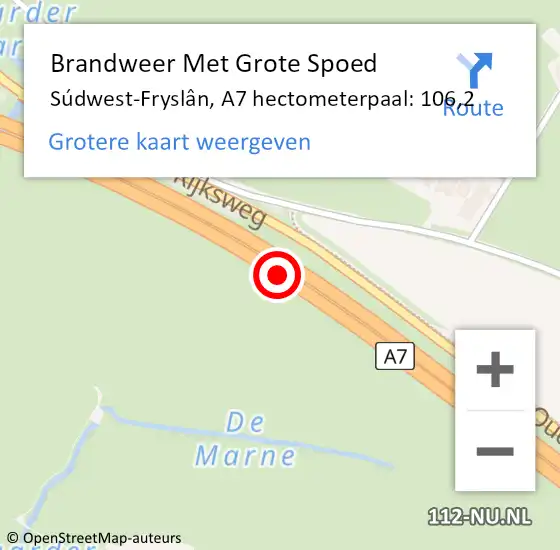 Locatie op kaart van de 112 melding: Brandweer Met Grote Spoed Naar Súdwest-Fryslân, A7 hectometerpaal: 106,2 op 16 juni 2023 14:40