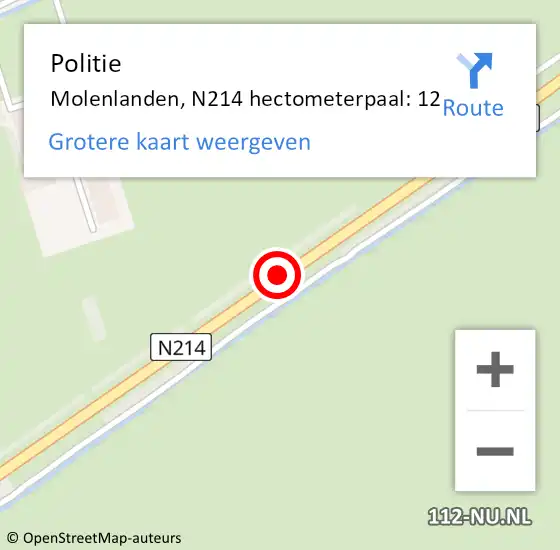 Locatie op kaart van de 112 melding: Politie Molenlanden, N214 hectometerpaal: 12 op 17 juni 2023 13:05