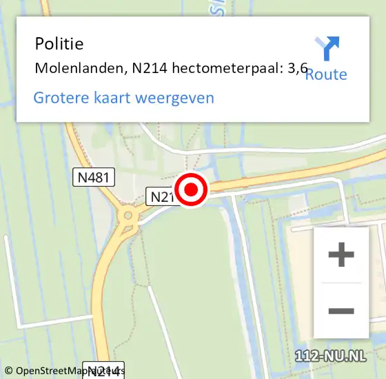 Locatie op kaart van de 112 melding: Politie Molenlanden, N214 hectometerpaal: 3,6 op 17 juni 2023 13:17