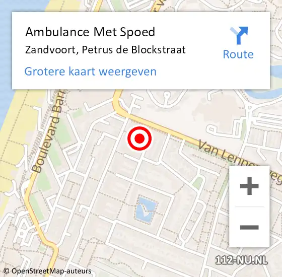 Locatie op kaart van de 112 melding: Ambulance Met Spoed Naar Zandvoort, Petrus de Blockstraat op 17 juni 2023 19:28