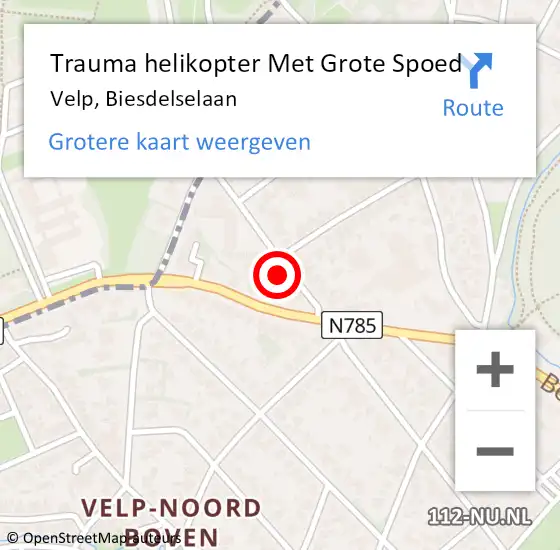 Locatie op kaart van de 112 melding: Trauma helikopter Met Grote Spoed Naar Velp, Biesdelselaan op 18 juni 2023 15:34