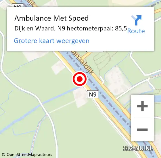 Locatie op kaart van de 112 melding: Ambulance Met Spoed Naar Dijk en Waard, N9 hectometerpaal: 85,5 op 19 juni 2023 14:02