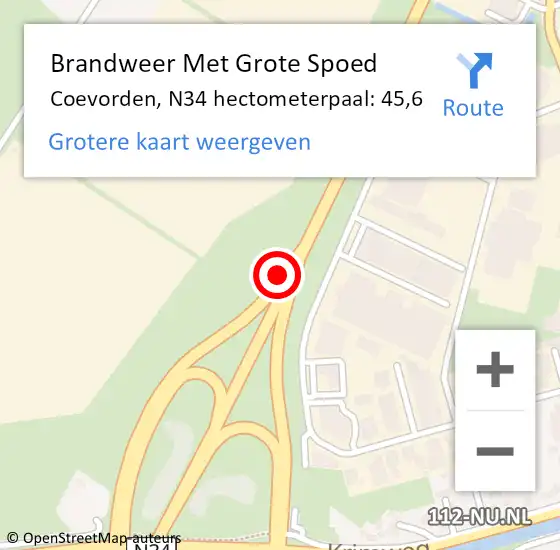 Locatie op kaart van de 112 melding: Brandweer Met Grote Spoed Naar Coevorden, N34 hectometerpaal: 45,6 op 19 juni 2023 16:36