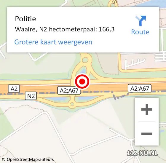 Locatie op kaart van de 112 melding: Politie Waalre, N2 hectometerpaal: 166,3 op 19 juni 2023 18:46