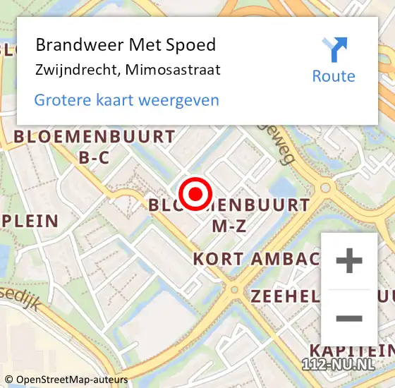 Locatie op kaart van de 112 melding: Brandweer Met Spoed Naar Zwijndrecht, Mimosastraat op 21 juni 2023 12:14