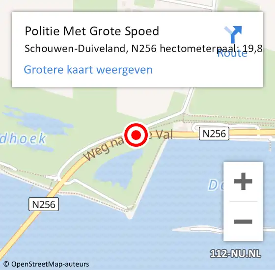 Locatie op kaart van de 112 melding: Politie Met Grote Spoed Naar Schouwen-Duiveland, N256 hectometerpaal: 19,8 op 21 juni 2023 13:52