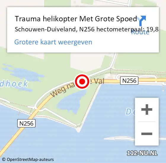 Locatie op kaart van de 112 melding: Trauma helikopter Met Grote Spoed Naar Schouwen-Duiveland, N256 hectometerpaal: 19,8 op 21 juni 2023 13:55