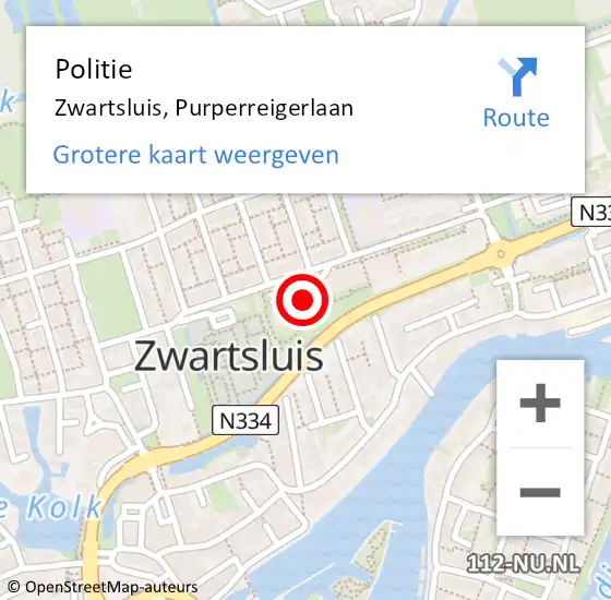 Locatie op kaart van de 112 melding: Politie Zwartsluis, Purperreigerlaan op 22 juni 2023 02:23