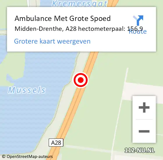 Locatie op kaart van de 112 melding: Ambulance Met Grote Spoed Naar Midden-Drenthe, A28 hectometerpaal: 156,9 op 22 juni 2023 08:58