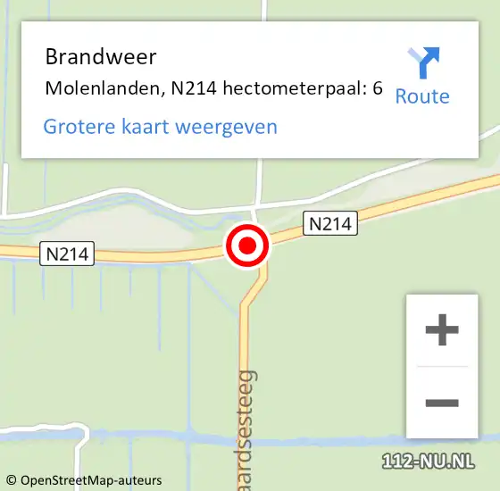 Locatie op kaart van de 112 melding: Brandweer Molenlanden, N214 hectometerpaal: 6 op 22 juni 2023 10:43
