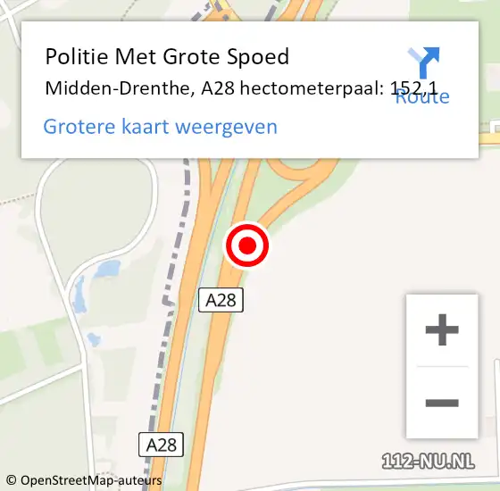Locatie op kaart van de 112 melding: Politie Met Grote Spoed Naar Midden-Drenthe, A28 hectometerpaal: 152,1 op 22 juni 2023 18:11