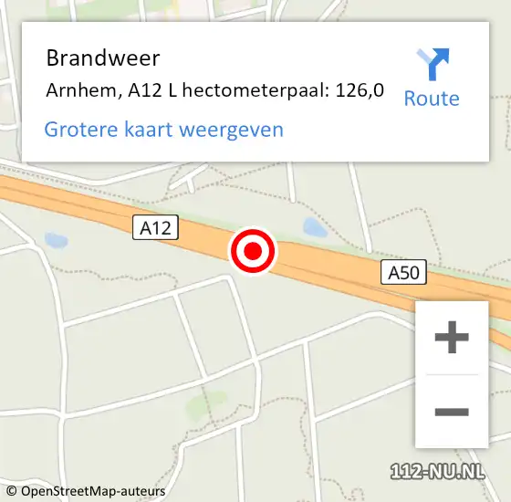 Locatie op kaart van de 112 melding: Brandweer Arnhem, A12 L hectometerpaal: 120,7 op 29 augustus 2014 23:38