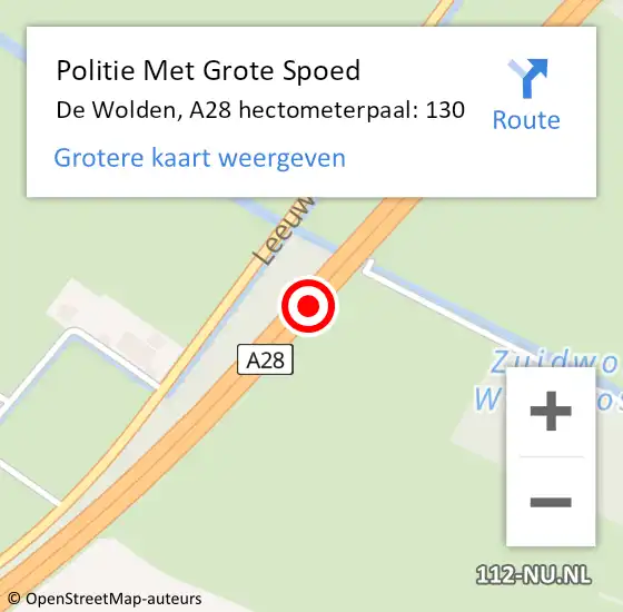 Locatie op kaart van de 112 melding: Politie Met Grote Spoed Naar De Wolden, A28 hectometerpaal: 130 op 22 juni 2023 21:31