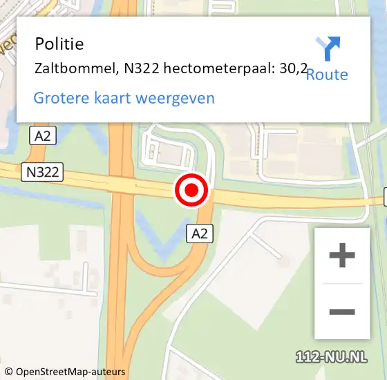 Locatie op kaart van de 112 melding: Politie Zaltbommel, N322 hectometerpaal: 30,2 op 23 juni 2023 10:22