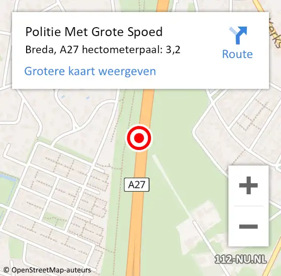 Locatie op kaart van de 112 melding: Politie Met Grote Spoed Naar Breda, A27 hectometerpaal: 3,2 op 23 juni 2023 18:28