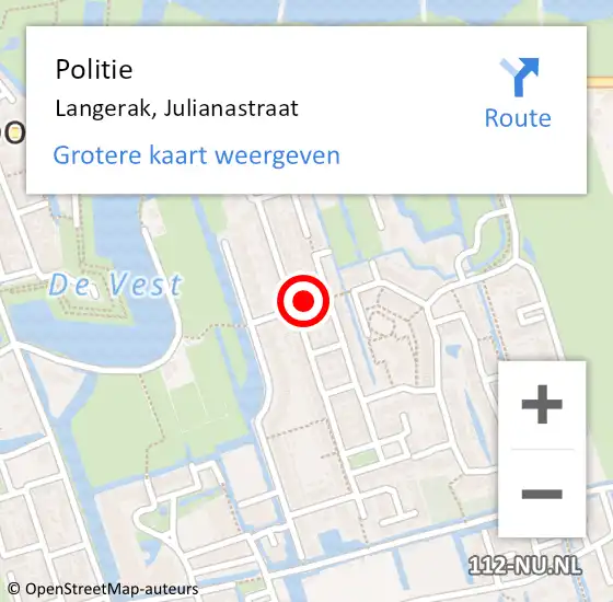Locatie op kaart van de 112 melding: Politie Langerak, Julianastraat op 23 juni 2023 18:33