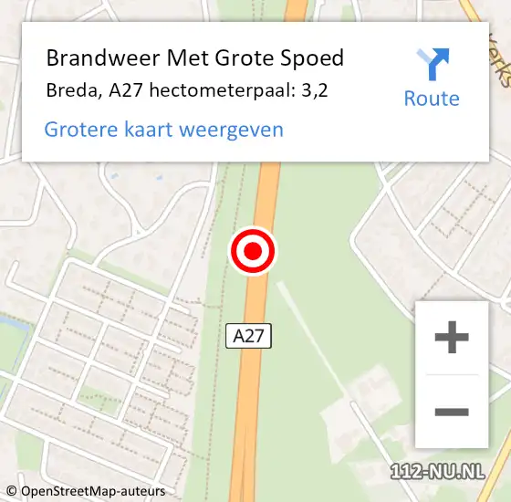 Locatie op kaart van de 112 melding: Brandweer Met Grote Spoed Naar Breda, A27 hectometerpaal: 3,2 op 23 juni 2023 18:46