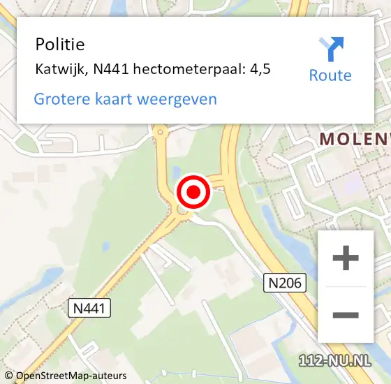 Locatie op kaart van de 112 melding: Politie Katwijk, N441 hectometerpaal: 4,5 op 27 juni 2023 08:27