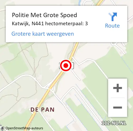 Locatie op kaart van de 112 melding: Politie Met Grote Spoed Naar Katwijk, N441 hectometerpaal: 3 op 28 juni 2023 18:21