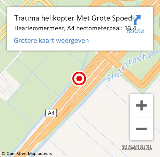 Locatie op kaart van de 112 melding: Trauma helikopter Met Grote Spoed Naar Haarlemmermeer, A4 hectometerpaal: 13,4 op 28 juni 2023 18:44