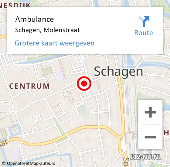 Locatie op kaart van de 112 melding: Ambulance Schagen, Molenstraat op 30 juni 2023 09:08