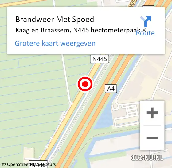 Locatie op kaart van de 112 melding: Brandweer Met Spoed Naar Kaag en Braassem, N445 hectometerpaal: 8 op 1 juli 2023 08:48