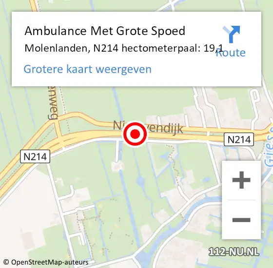 Locatie op kaart van de 112 melding: Ambulance Met Grote Spoed Naar Molenlanden, N214 hectometerpaal: 19,1 op 1 juli 2023 14:22