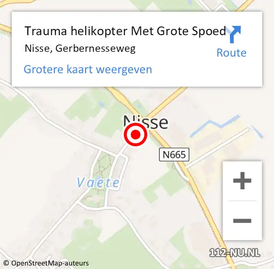 Locatie op kaart van de 112 melding: Trauma helikopter Met Grote Spoed Naar Nisse, Gerbernesseweg op 2 juli 2023 01:31
